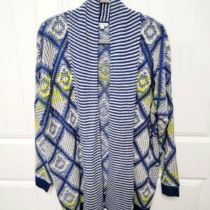 En Creme Womens Size Medium Open Long Knit Cardigan Boho Blue Ivory Yellow EUC